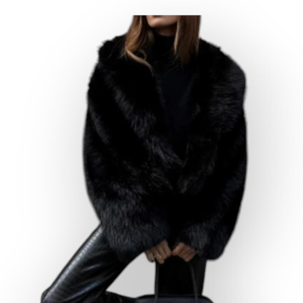 Commense Black Faux Fur Collar Jacket Cropped Plush Coat XL - Glam Old Money